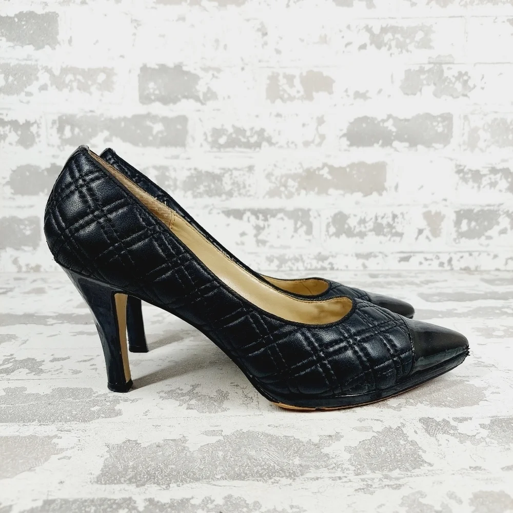 Adrienne Vittadini Jantine Black Quilted Leather Patent Cap Toe Heels E463